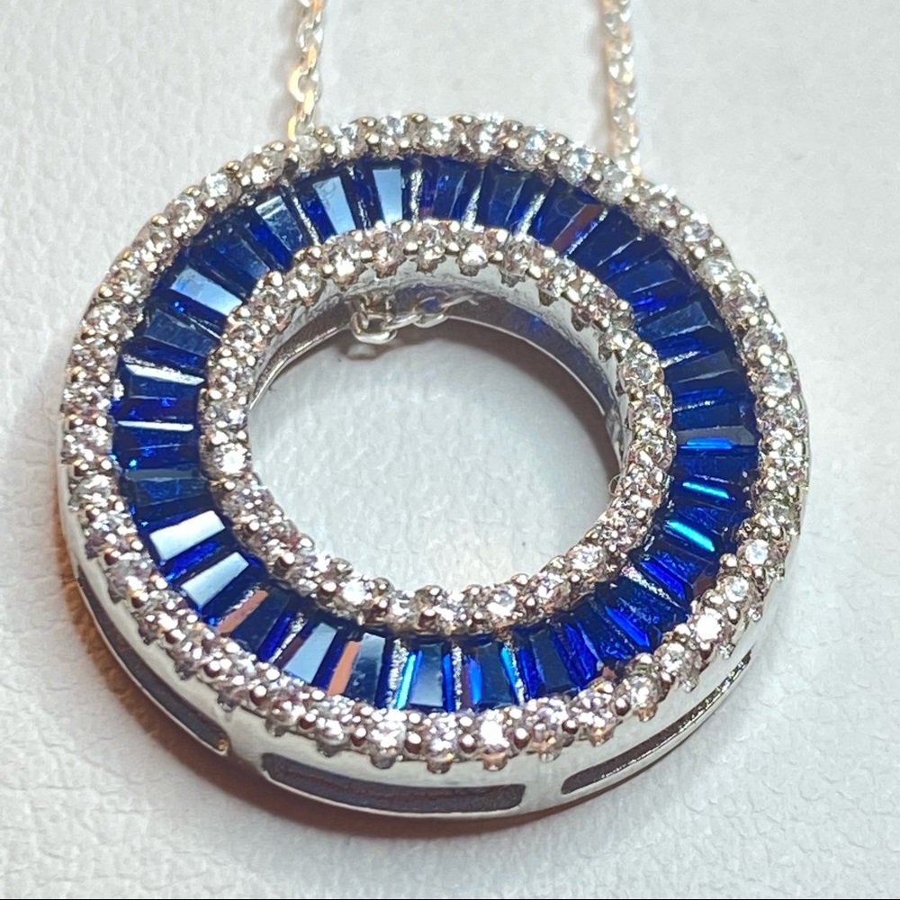 Silver w/Blue Circle Pendant on 925 Italy Chain 18 - Picture 1 of 13